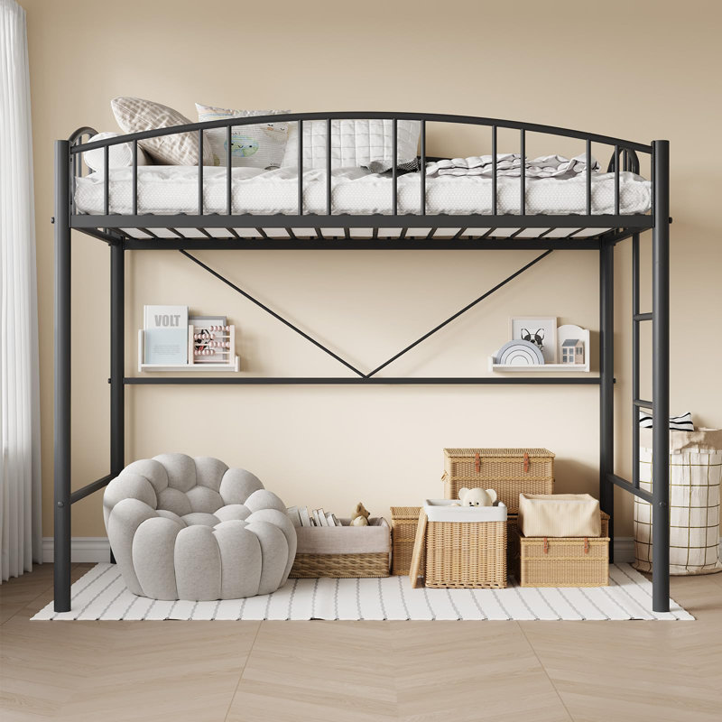 Twin Loft Bed with Arched Guardrail, Safety Ladder & Space-Saving Design, No Box Spring Needed, Black