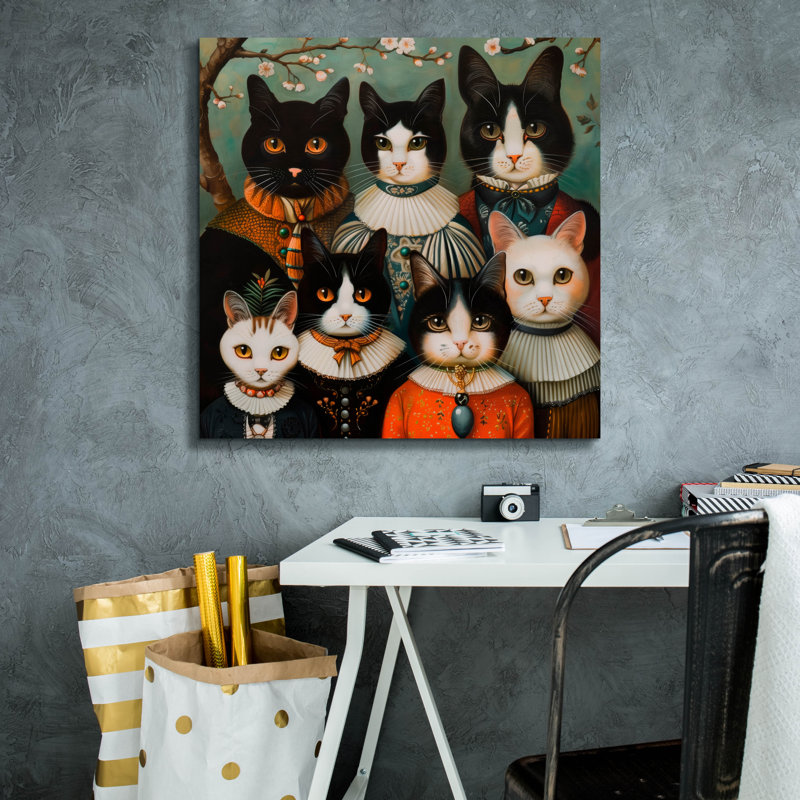  «Cat Familia In Ornate Attire» par Doron David, art mural sur toile, 26 po x 26 po, H 26 po x l 26 po