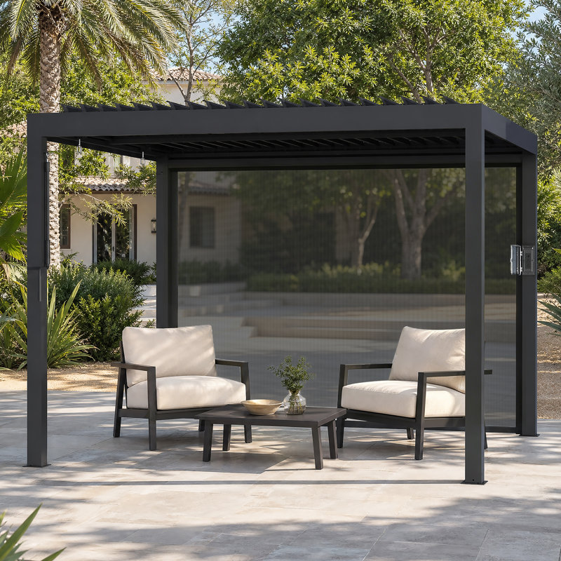 Aurora X 10 pi Pergola à persiennes avec amants réglables à double couche, système de gouttière intégré et prise de courant USB, écran roulant extérieur
