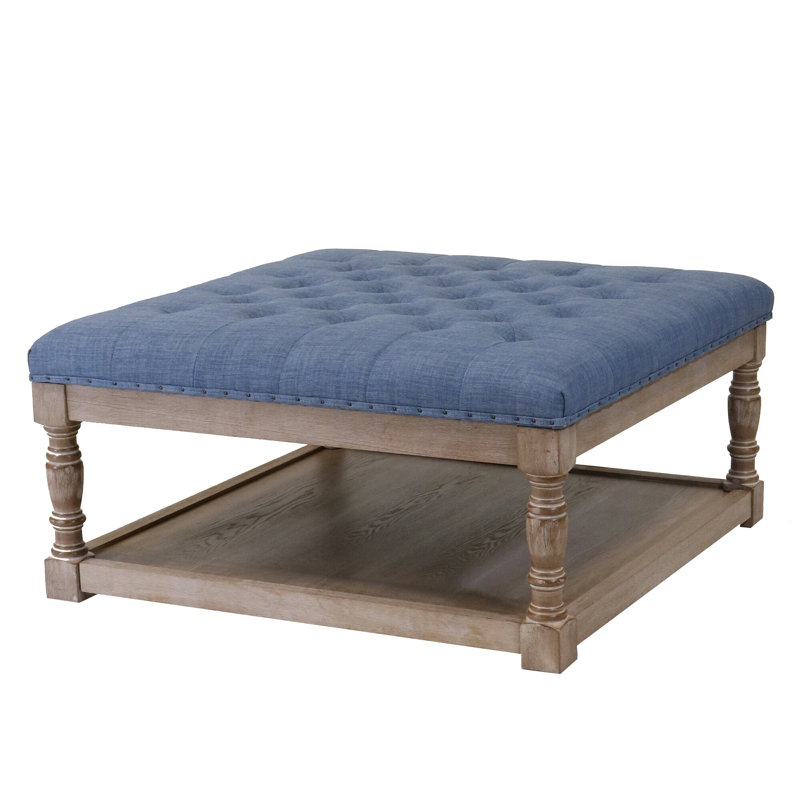 Fontanet 34" Wide Tufted Square Cocktail Ottoman/Coffee Table, Beige/Blue