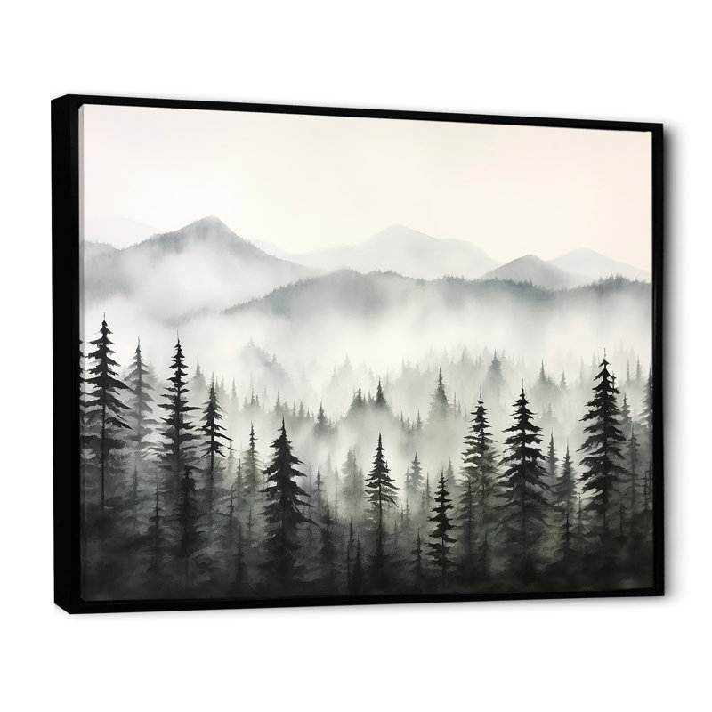 «Gray Misty Morning Forest Horizon I», art mural grand forêt, H 12 po x l 20 po x P 1 po, Cadre flottant noir