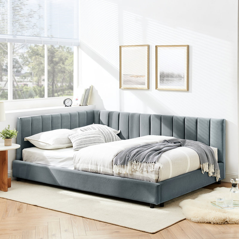 Comfortable Upholstered Bed, Full Size With Grey Velvet And Stable / In Construction Armrest/