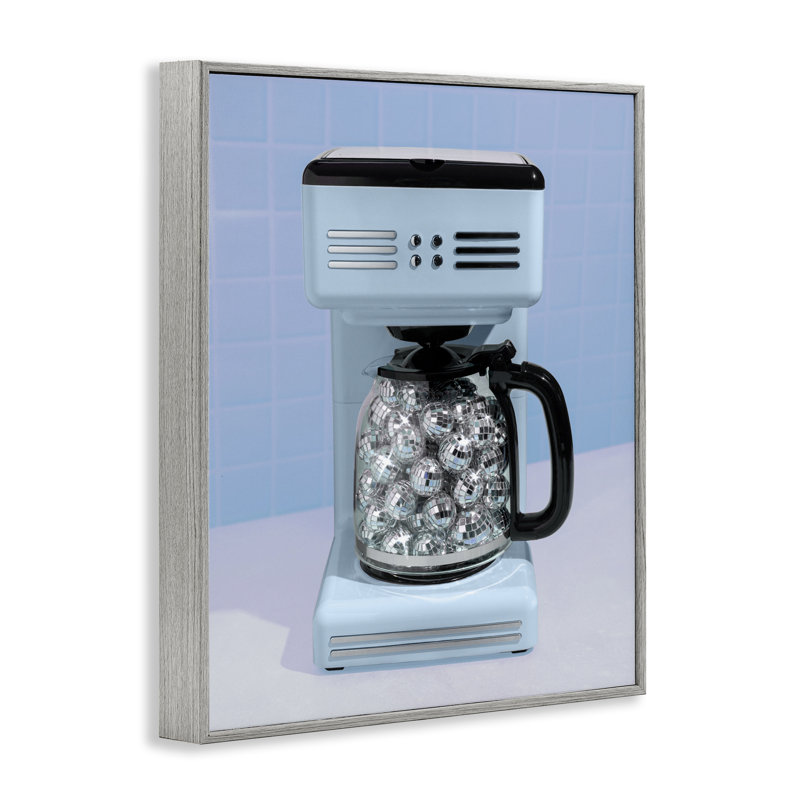 Machine à café disco sur giclée bleue, design par Lish Creative, 30 x 24, Farmhouse Gray Giclee Framed