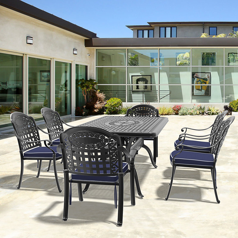 Ensemble de 7 pièces de mobilier de patio en aluminium coulé avec cadre et coussins bleus, 7 pièces : table, 6 chaises