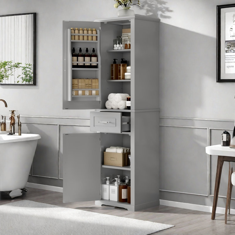 Tall Bathroom Storage Cabinet With 2 Different Size Doors, Adjustable Shelf, Door Shelve Design And Drawer, Gray