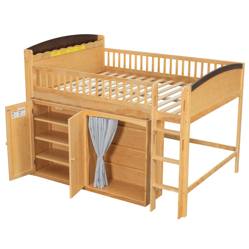 Lit mezzanine double avec armoire de rangement, garde-robe et lumières DEL - Lit pour enfant et adolescent peu encombrant, bois et espresso