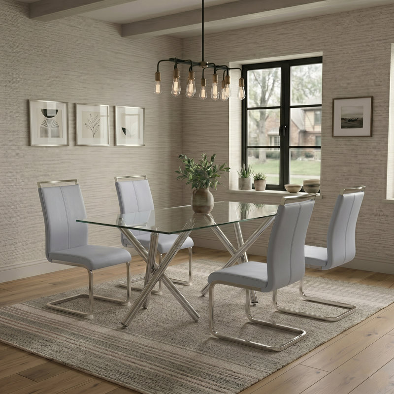 5-Piece Modern Glass Top Dining Set with 4 Upholstered Cantilever Chairs, Light Gray