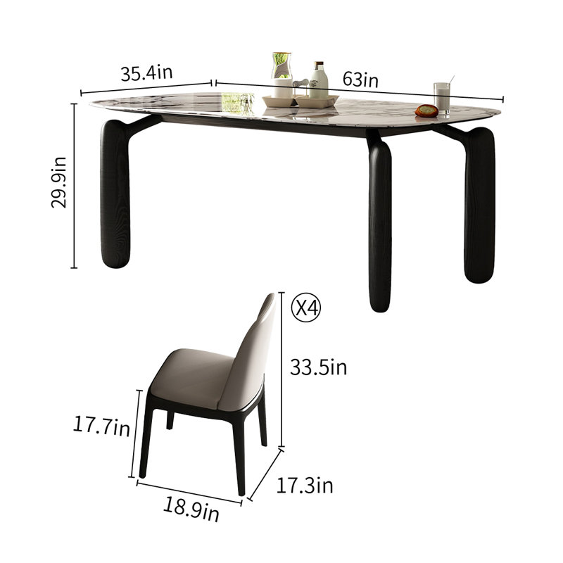 Simple Luxury Marble Solid Wood Dining Table Sets., 29.9"H x 63"L x 35.4"W, 5 Pieces: Table, 4 Chairs