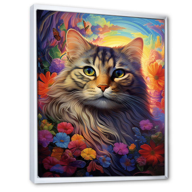 Portrait d'un chat majestueux avec des fleurs I, H 44 po x l 34 po x P 1,5 po, Cadre flottant blanc