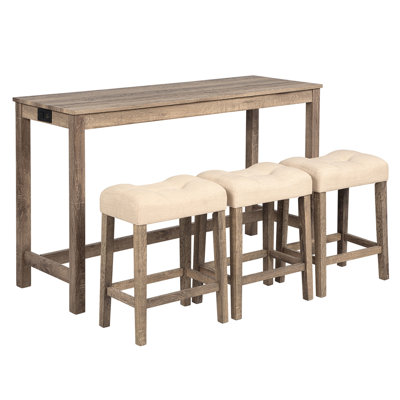 4-Piece Bar Table Set With Power Outlet, Dining Bar Table And Chairs Set,Bar Table Set With 3 Padded Stools For Living Room, Dining Room, Game Room