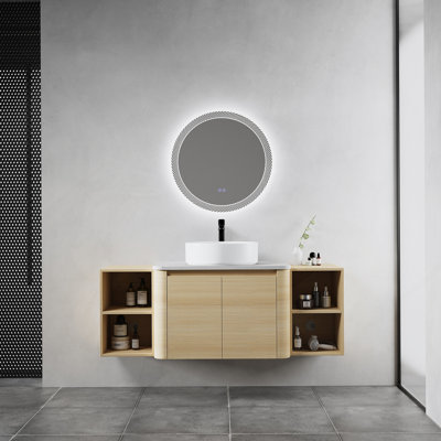 Meuble-lavabo mural 54 po avec lavabo d'art en céramique, 2 tablettes de rangement et portes à fermeture en douceur, peu encombrant et élégant