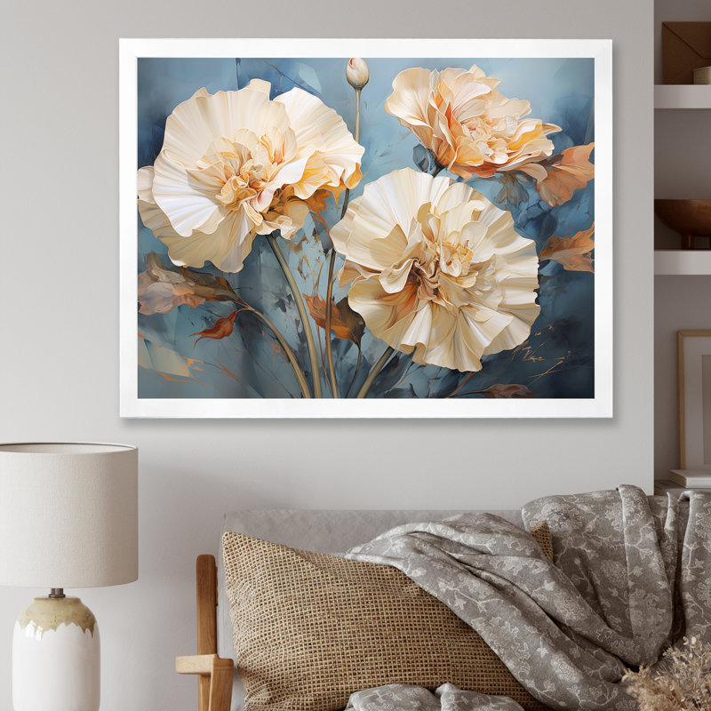 Arrangement d'œillets beige II - décoration murale œillets, H 34 po x l 44 po x P 1,5 po, Cadre photo blanc