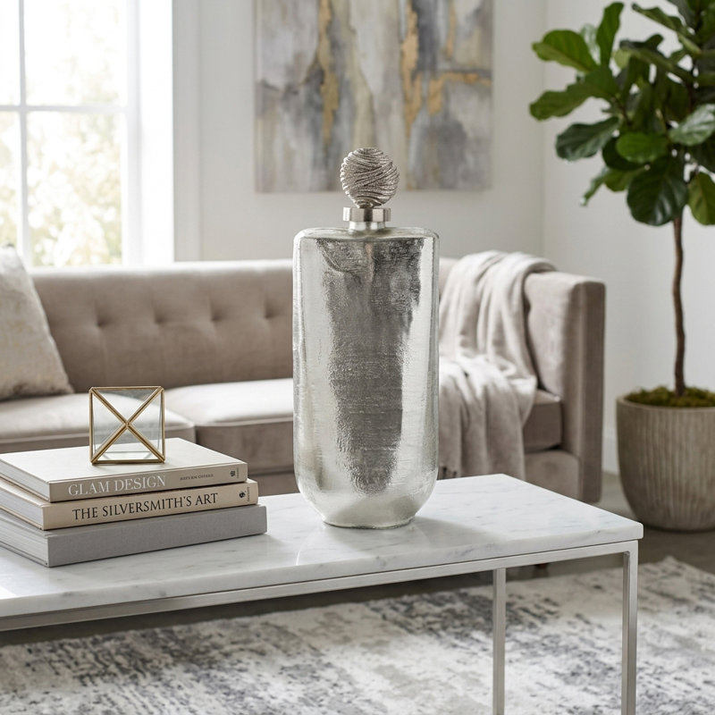 Contemporary Glam Tall Jar with Metal Orb Topper for Entryway Display - Decorative Glass Table Jar for Home Tabletop Decor - Silver