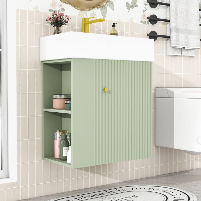 Meuble-lavabo flottant chic avec lavabo en céramique et rangement à gauche, Vert