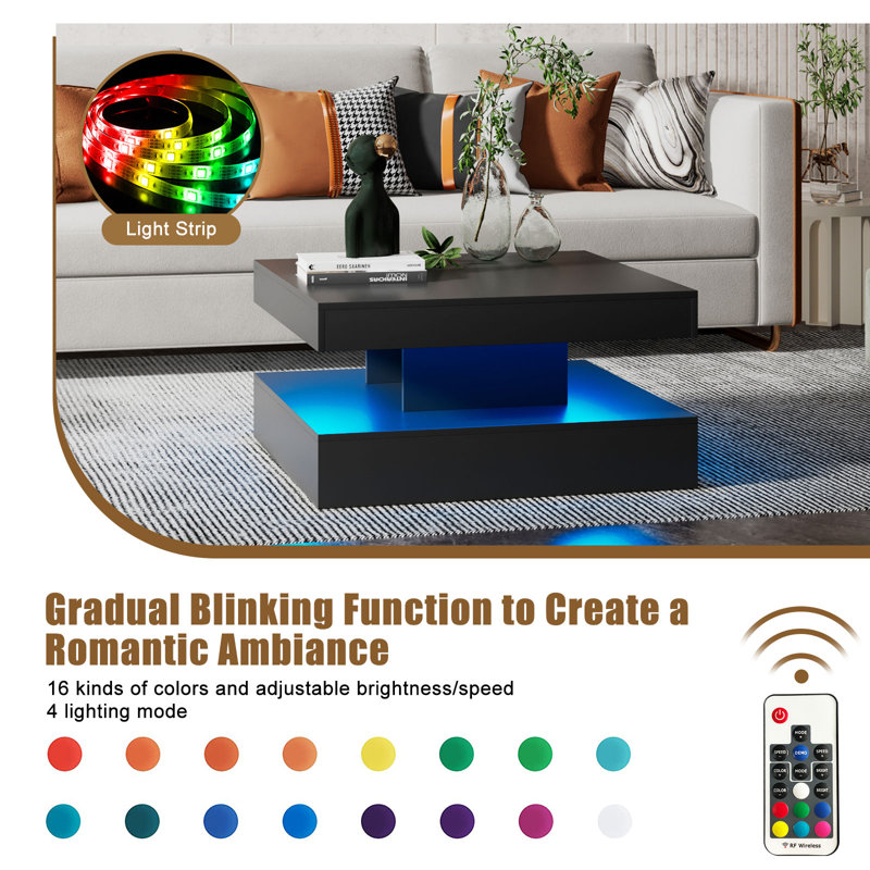 Charvez Solid Coffee Table with 16 Colors LED Lights, 78 X 78cm, 40cm H x 78cm W x 78cm D, Matte Black