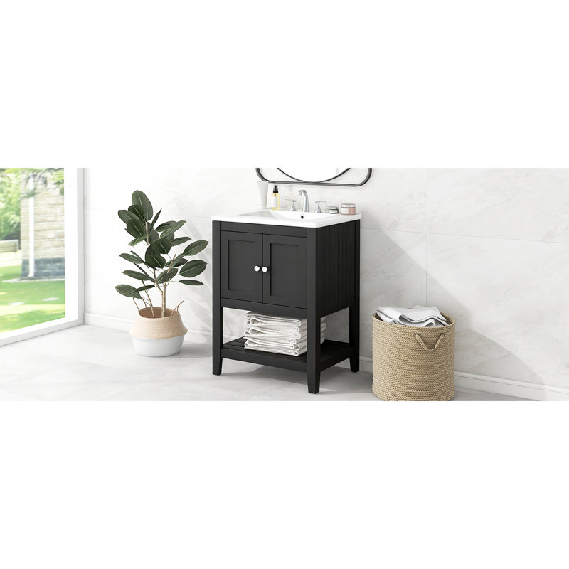 Meuble-lavabo moderne noir avec tablette ouverte et lavabo en céramique