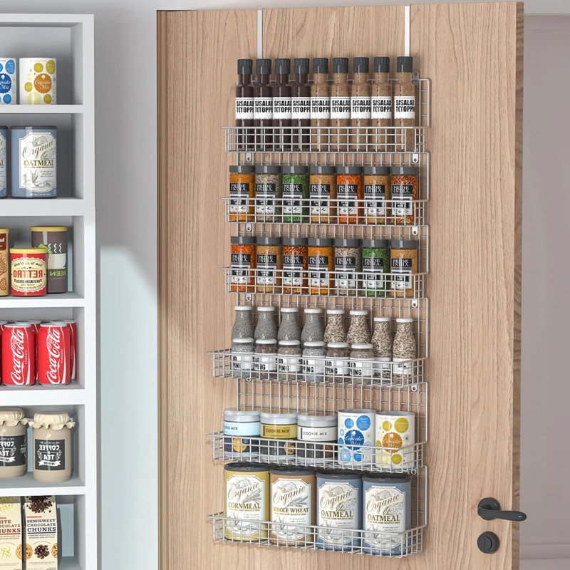 Étagère à épices à 6 niveaux fixée au mur et au-dessus de la porte pour garde-manger, deux tailles, grande capacité, argent
