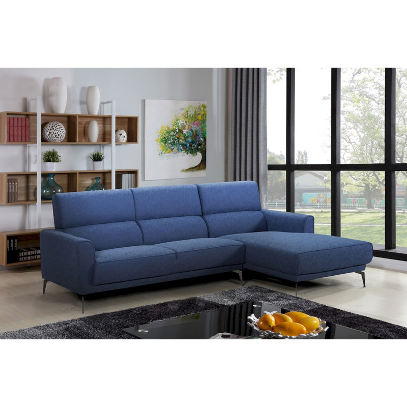 Upholstered L-Shaped Sectional, Left Hand Facing, Blue Polyester Blend