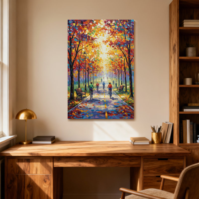 Paysage et nature, arbres d'automne, sentier, cyclistes, banc de lumières colorées, H 24 po x l 16 po
