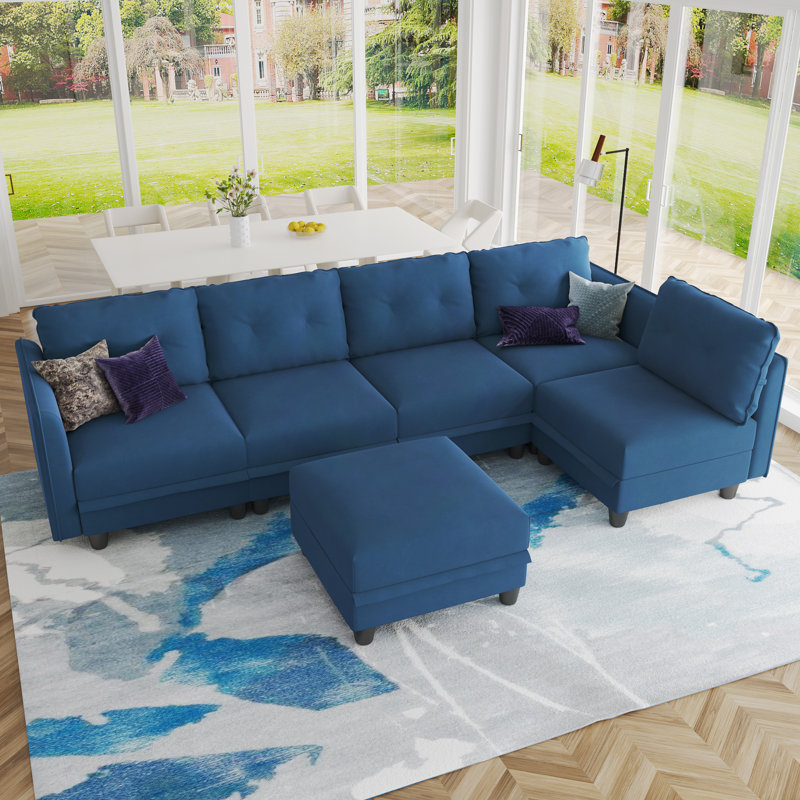 Canapé modulaire réversible avec repose-pieds Bresee, Velours bleu, H 34 po x l 112 po x P 81 po