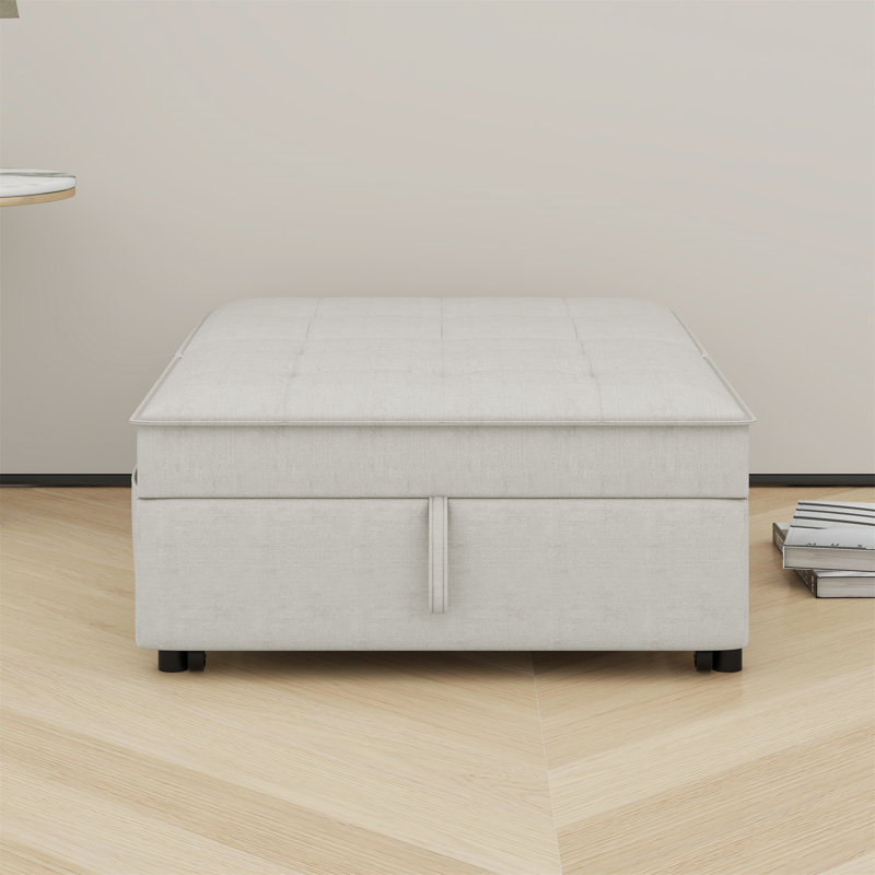 4-In-1 Sofa Bed, Chair Bed, Multi-Function Folding Ottoman Bed With Storage Pocket And USB Port, White Linen