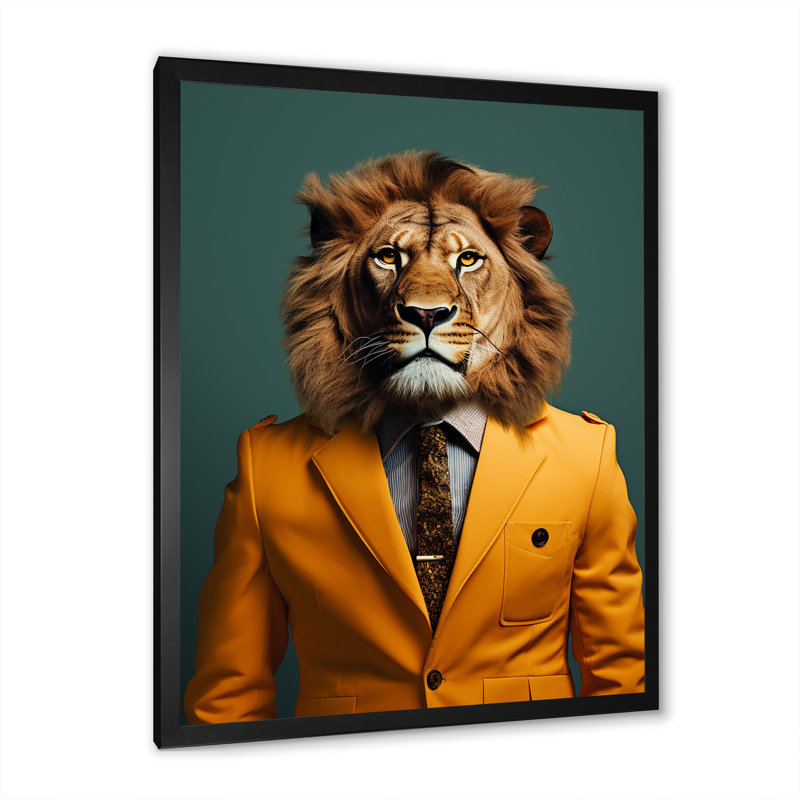 Jaune avec lion II, Cadre simple noir, H 32 po x l 24 po x P 1 po