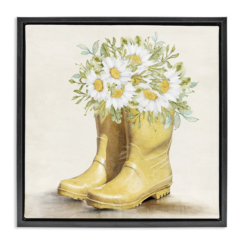 «Sunny Daisy bottes», art mural encadré sur toile flottante par Kim Allen, Cadre flottant noir de jais, H 25 po x l 25 po
