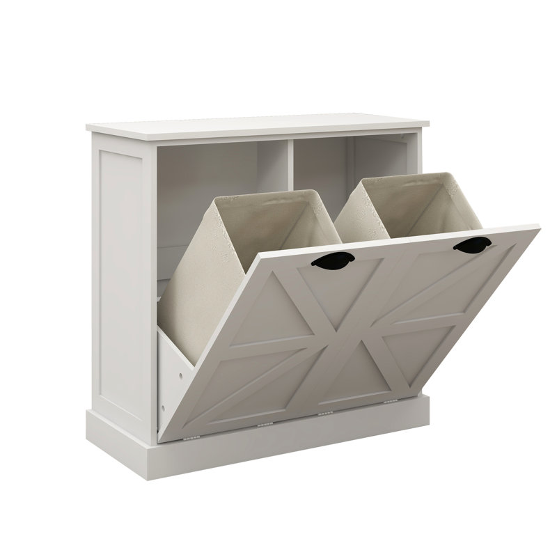 Trieur de linge inclinable - Blanc. Conception élégante de l'armoire. Sacs en tissu amovibles pour le tri. E1, enduit. Stable et imperméable. Surface. Caractéristique. Assemblage requis. Capacité de charge de 100 livres