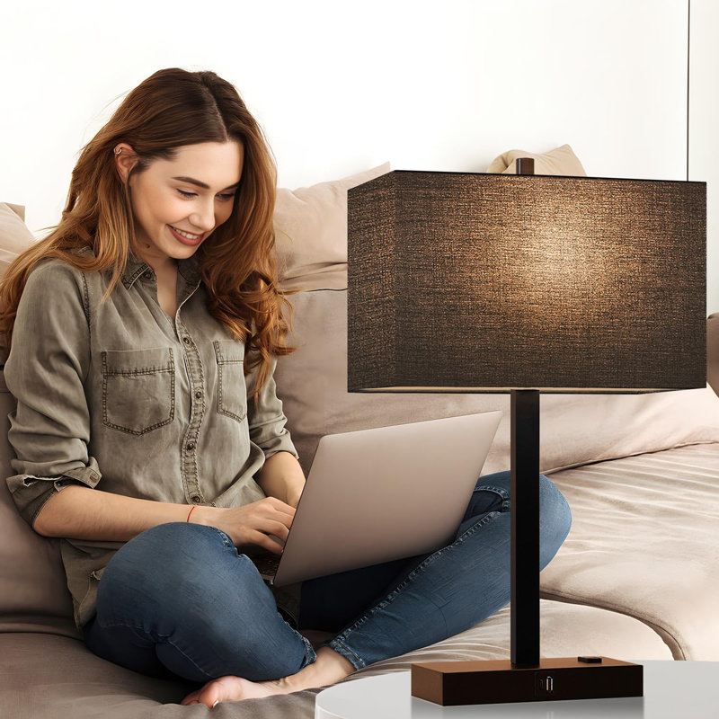 21" Set of 2 Table Lamps with 2 USB and AC Outlets, Black, Black