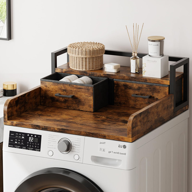 Comptoir de laveuse-sécheuse gris à 2 niveaux 27,5 pouces avec 2 tiroirs et garde-corps de sécurité, tablette de rangement pour salle de lavage pour machines standard