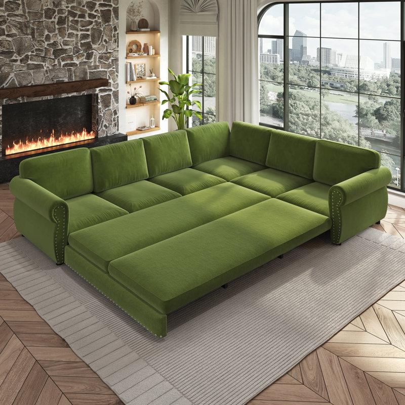 118" Oversize Convertible Sleeper Sofa With Nailhead Trim, Upholstered Sofa Couch With Pull-Out Bed, Light Green