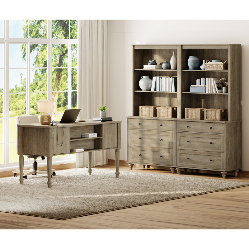 2 Piece Office Set, 56" Executive Desk & Set Of 2 Bookcases With Drawers, Oak, Wash Gray