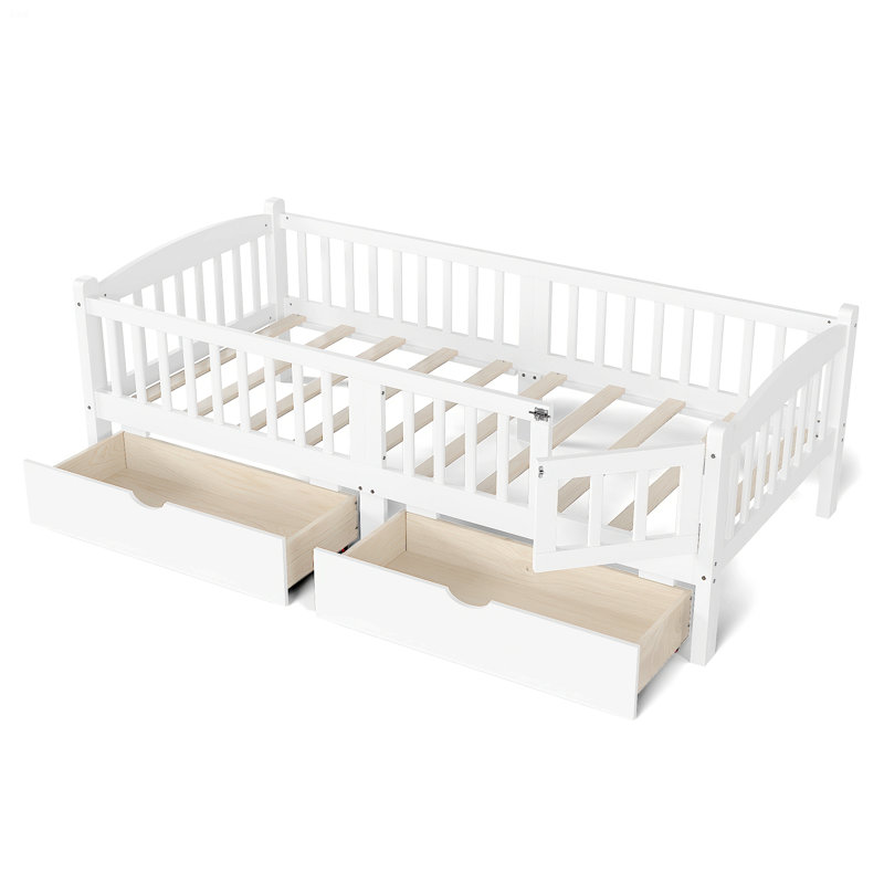 Platform Bed With Full-Length Guardrails, Platform Bed With Storage Drawers, Lit jumeau extra long, White