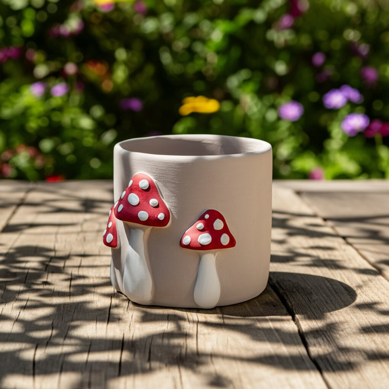Cement Planter with Mushroom Accents - Decorative and Durable Pot for Indoor or Outdoor Plants., 6" H x 8" W x 7" D
