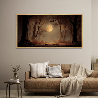 Enchanted Autumn Forest with Full Moon Night Scene - Large Framed Canvas Master Bedroom Wall Art Print