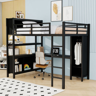 Sophisticated Full Size Metal Loft Bed with Wardrobe, Desk and Storage Shelves