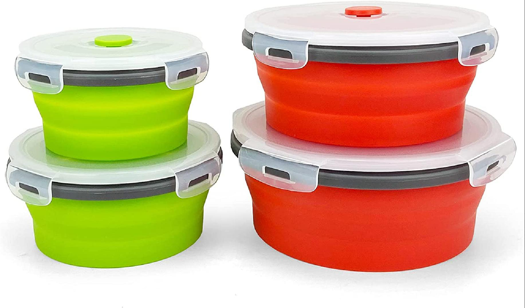 Set of 4 Collapsible Foldable Silicone Food Storage Container With BPA  Free, Leftover Meal Box With Airtight Plastic Lids For Kitchen (Blue)