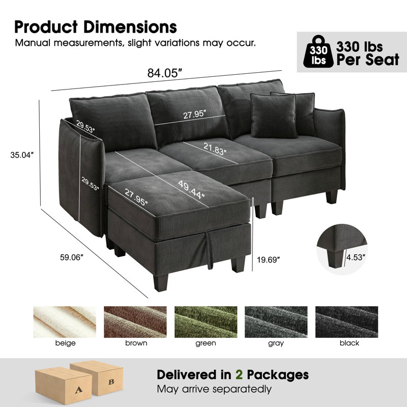 Canapé modulaire rembourré en L en chenille 85,6 po 4 places avec repose-pieds, BLACK
