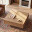 Table basse 31 po carrée en bois naturel avec tiroirs de rangement cachés à 2 voies, détails cannelés, parquet, table basse à grain de bois-1462684905-1462684906