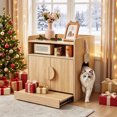 Enceinte de litière moderne pour chat avec plateau coulissant coulissant, meubles de maison de chat cachés avec étagère de rangement ouverte et porte pour chat, armoire de salle de bain en bois pour chat avec support de pelle à litière, naturel