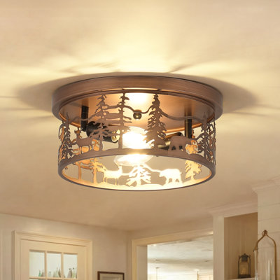 2-Light Rustic Black Flush Mount Light with Forest Pattern