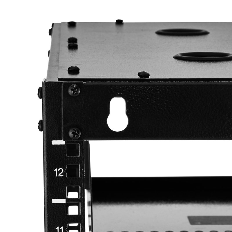 Support réseau 12U à cadre ouvert, profondeur de 23 po, tablettes ventilées sur pied, quincaillerie de fixation, poignées pour plusieurs appareils audio-vidéo, espaces muraux ou debout limités, fabrication haute résistance, idéal