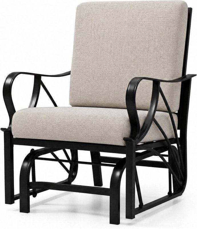 Fauteuil oscillant de patio - Fauteuil oscillant d'extérieur avec coussin amovible, structure en métal robuste, accoudoir incurvé