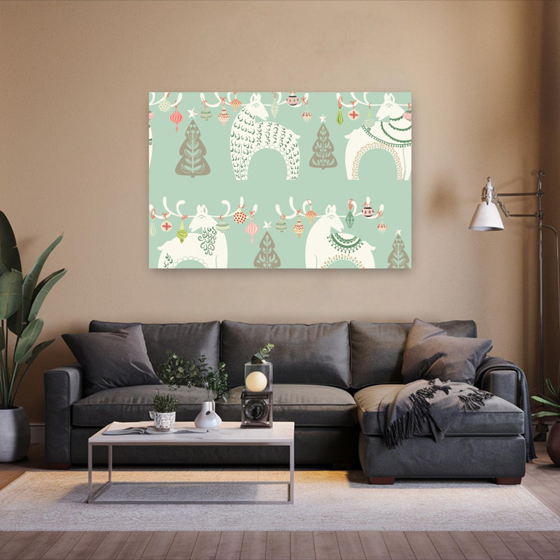 Festive Nordic Reindeer Abstract Deer Winter Landscape Wall Art Print 1 Piece Wrapped Canvas Wall Art, 101.6cm H x 152.4cm W