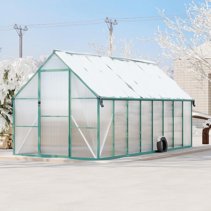 8'x16' Aluminum Frame Polycarbonate Greenhouse with Roof Vent & Gutter System, Green