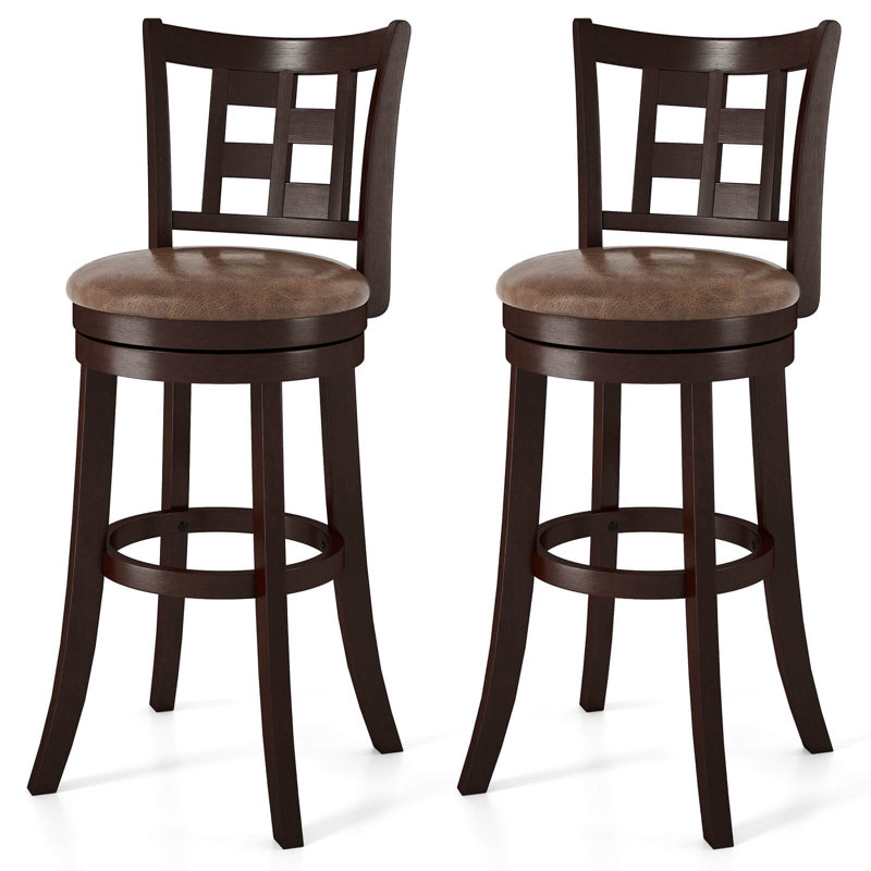 Set Of Bar Stools Swivel Bar Chairs With Footrest, Lattice Backrest, 2, Bar Stool (30” Seat Height)