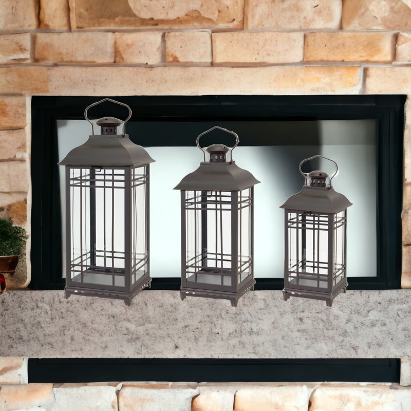 3 Piece Metal Lantern Set, 20" H x 8.5" W x 8.5" D, White Gray