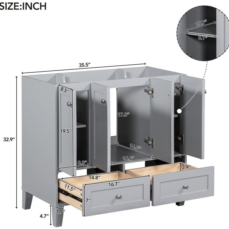 Armoire de salle de bain de 33,89 po de hauteur - bois massif et 4 portes à fermeture douce, 2 tablettes réglables, finition grise, design moderne, armoire de 36 po, espace intérieur spacieux