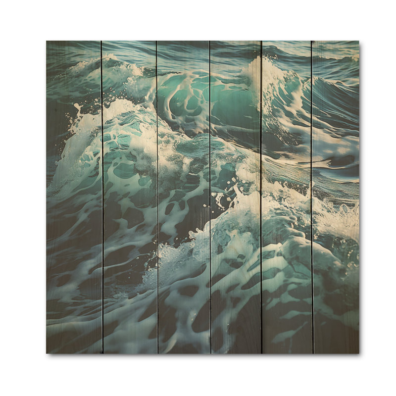 Fauvisme «Blue Waves I» - Art sur bois de pin naturel, H 15 po x l 15 po