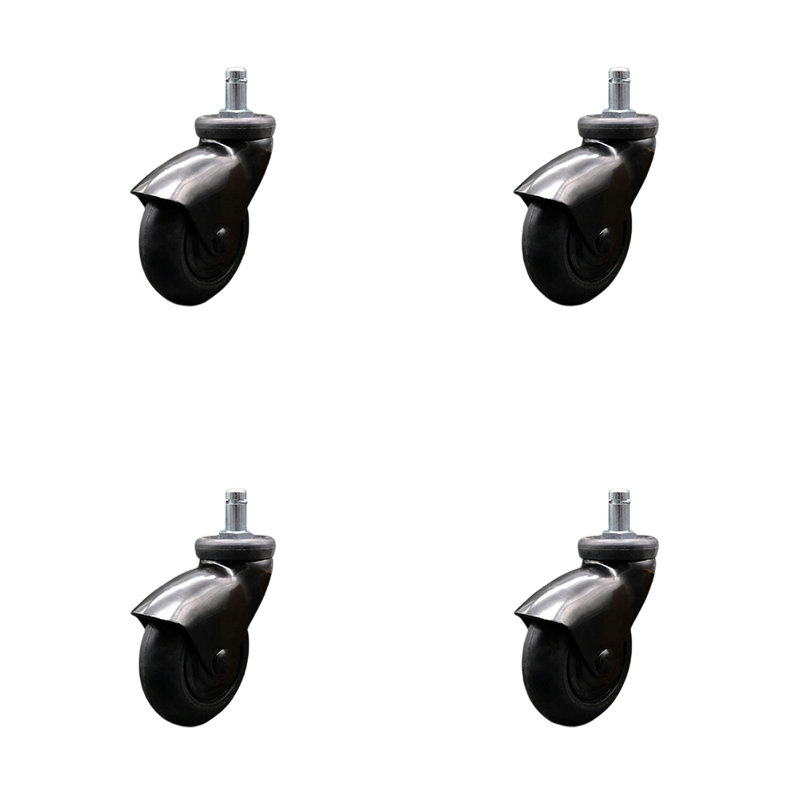3 Inch Black Hooded Neoprene Rubber 7/8 Inch Grip Ring Stem Casters Set of 4 SCC